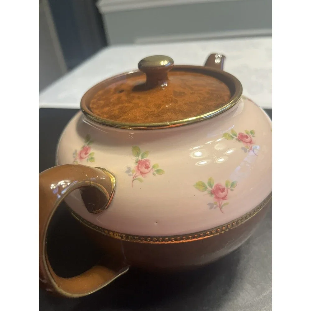 Vtg Sadler Teapot Roses Brown Pink & Gold Staffordshire England